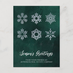 Modern Green Silver Snowflakes Business Holiday Postcard