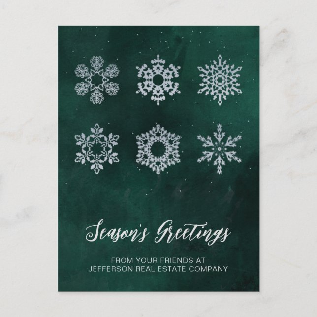 Modern Green Silver Snowflakes Business   Holiday Postcard (Front)