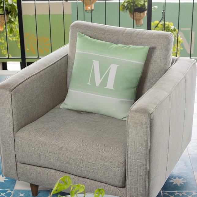 Modern Green Simple Custom Monogram Cushion (Watercolor green monogram throw pillow)
