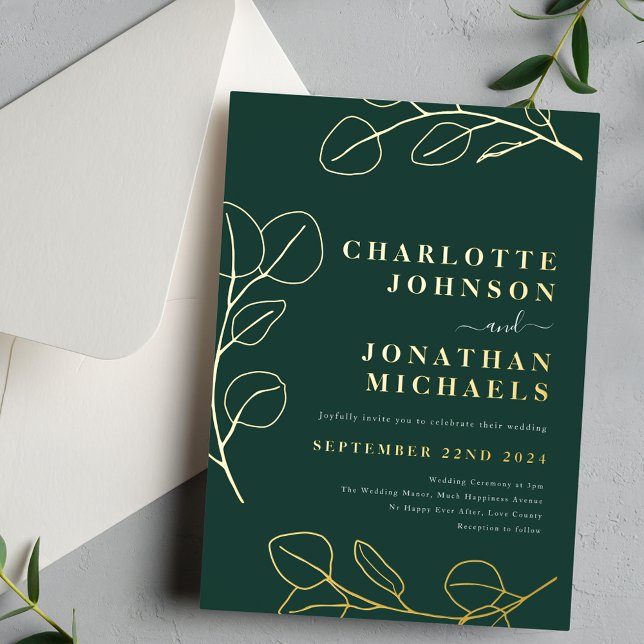 Modern Green Simple Greenery Gold (Modern Simple leaf dark green gold foil wedding invitation with elegant typography script )