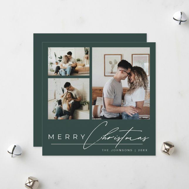 Modern Green Simple Script Photo Collage Christmas Holiday Card (Front/Back In Situ)