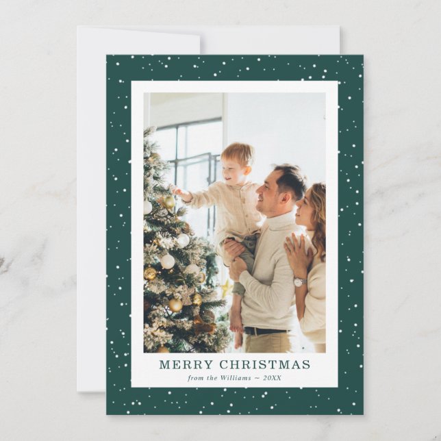 Modern Green Snow Photo Christmas Card (Front)
