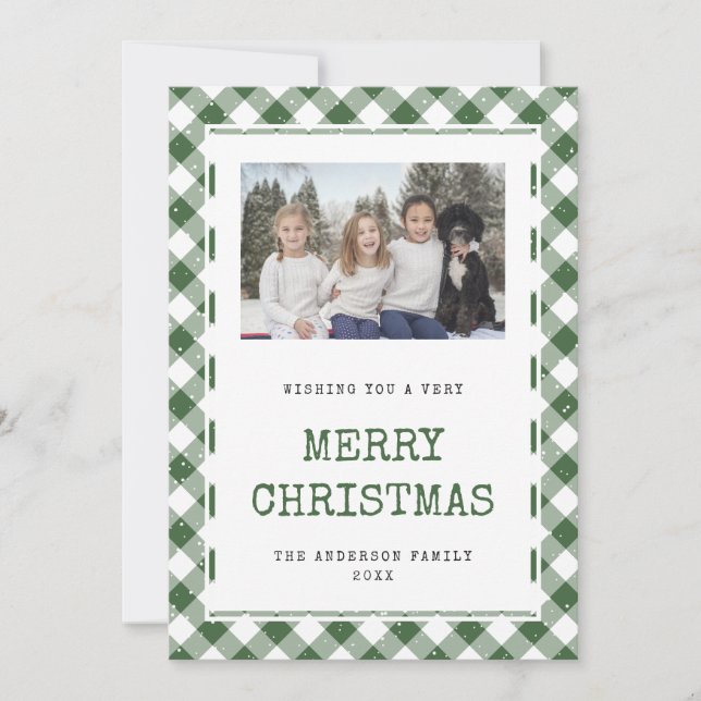 Modern Green Snow Photo Merry Christmas Card (Front)