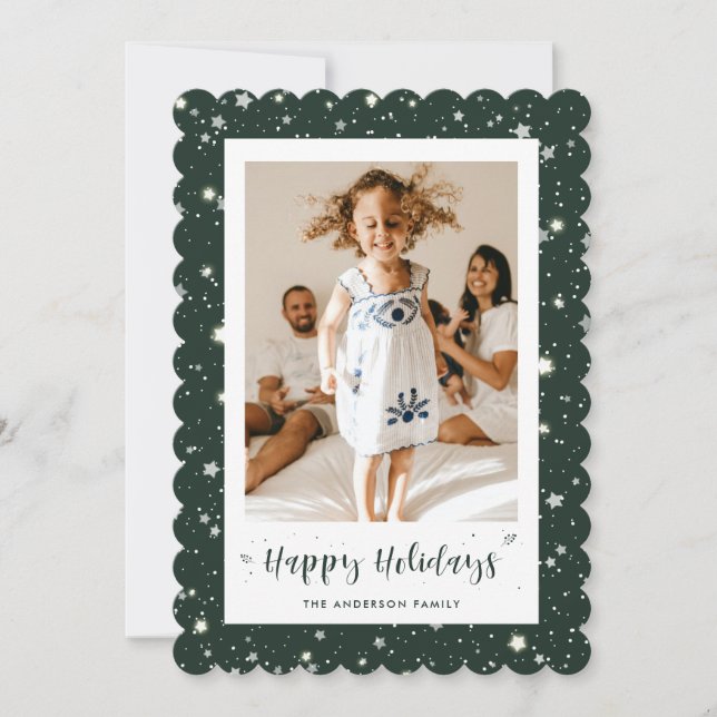 Modern Green Snow Stars Photo Happy Holidays Card (Front)