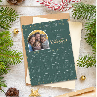 Modern Green Snowflake Photo 2026 Calendar Card