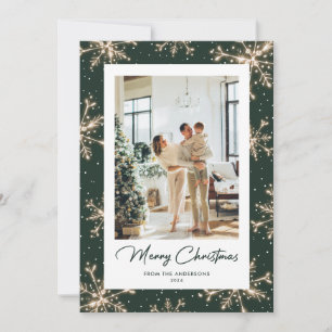 Modern Green Snowflake Photo Merry Christmas Card