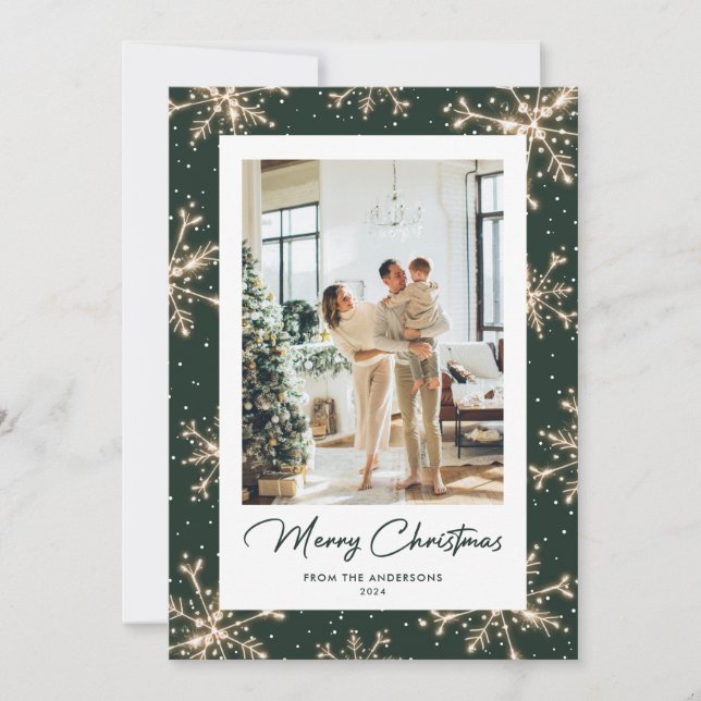 Modern Green Snowflake Photo Merry Christmas Card (Front)