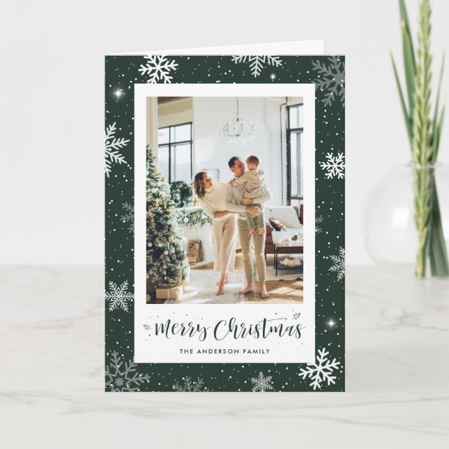 Modern Green Snowflake Photo Merry Christmas Holiday Card (Front)