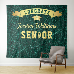 Modern Green Sparkle Graduation Photo Backdrop Tapestry