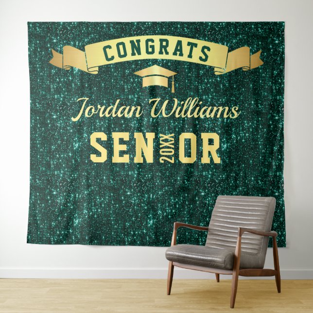 Modern Green Sparkle Graduation Photo Backdrop Tapestry (In Situ (Horizontal))