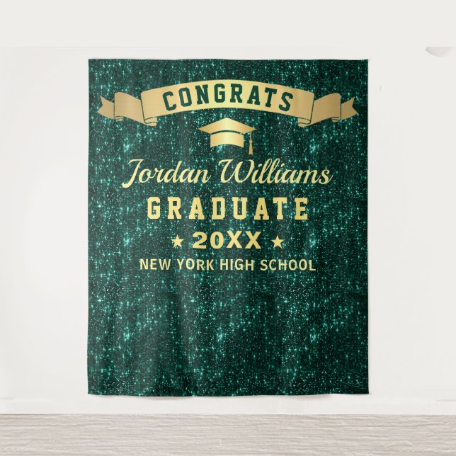 Modern Green Sparkle Graduation Photo Backdrop Tapestry (Front)