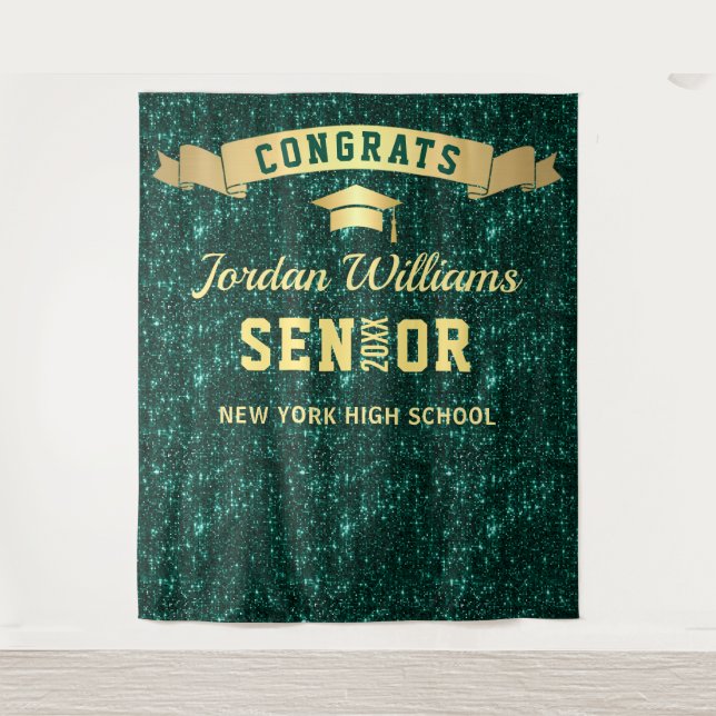 Modern Green Sparkle Graduation Photo Backdrop Tapestry (Front)