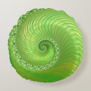 Modern Green Spiral Fractal Round Cushion
