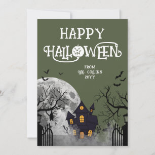 Modern Green Spooky Haunted House Happy Halloween Holiday Card