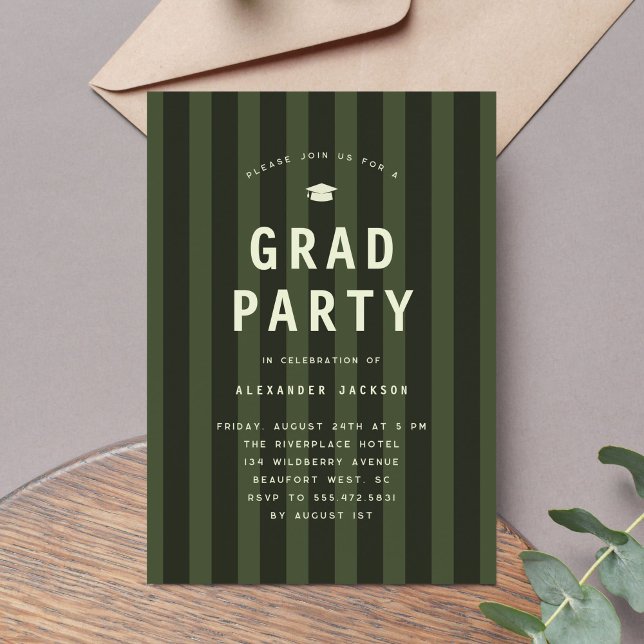 Modern Green Sporty Stripes Graduation Party Invitation (modern, green, sporty stripes graduation party invitation)