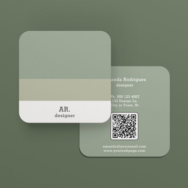 Modern Green Square Designer Business Card  (Front and back shown, square card 2.5 inches. Choose size, corner + paper style.)