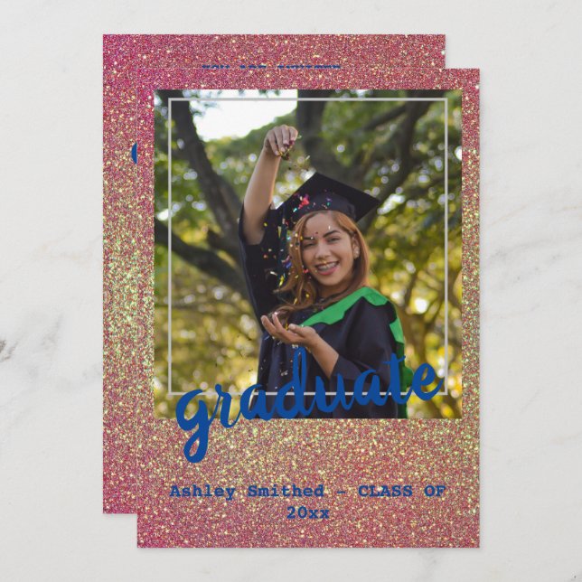 Modern Green Stars Photo Graduation Pink Glitter Invitation (Front/Back)