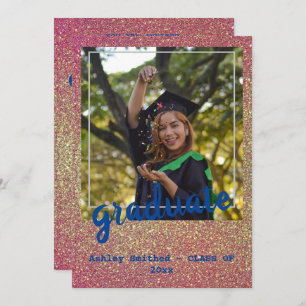 Modern Green Stars Photo Graduation Pink Glitter Invitation
