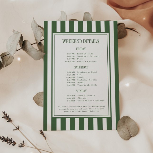 Modern Green Stripe Bachelorette Weekend Itinerary Enclosure Card (Creator Uploaded)