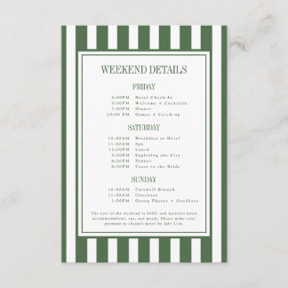 Modern Green Stripe Bachelorette Weekend Itinerary Enclosure Card