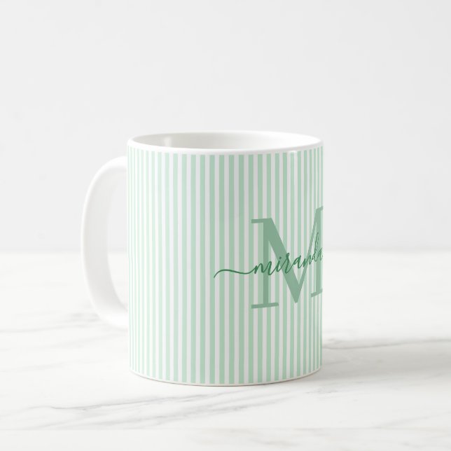 Modern Green Stripe Monogram Name Coffee Mug (Front Left)