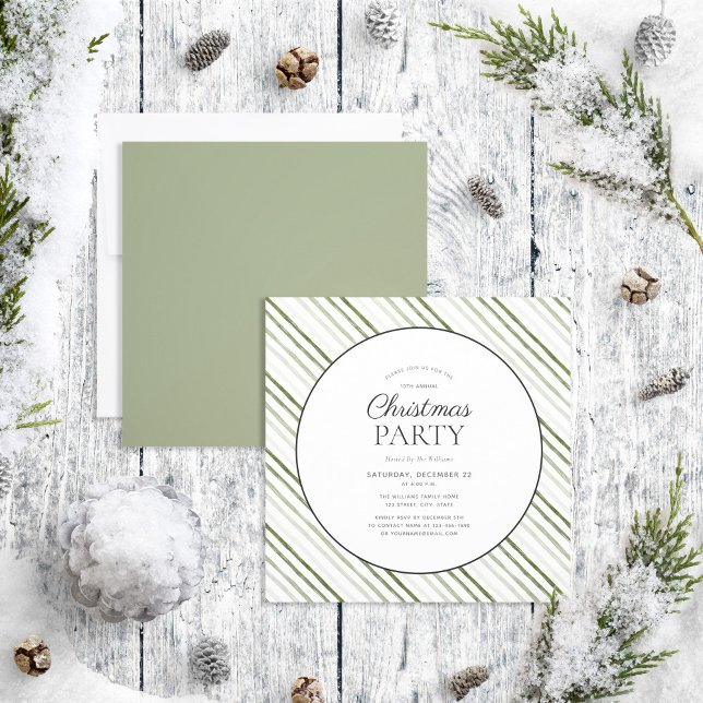 Modern Green Stripe Script Circle Christmas Party Invitation (Creator Uploaded)