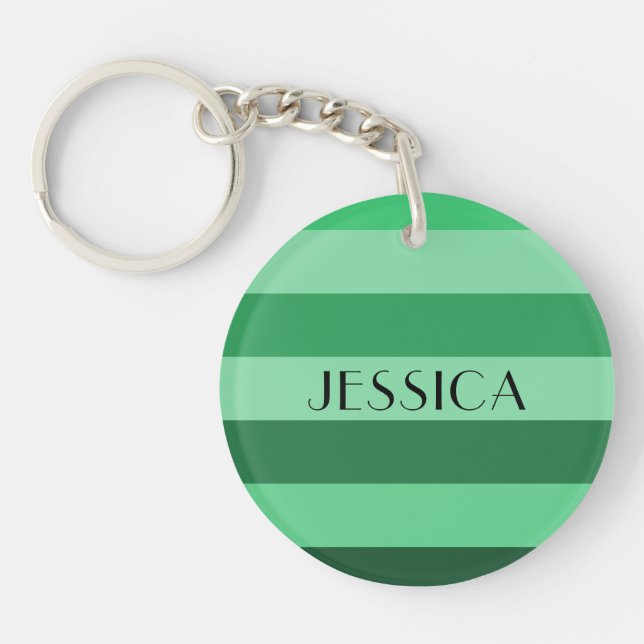 Modern Green Striped Name Key Ring (Front)
