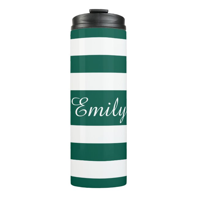 Modern Green Striped Script Name Thermal Tumbler (Front)
