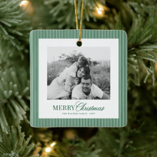 Modern Green Stripes Christmas Family 2 Photos Ceramic Ornament