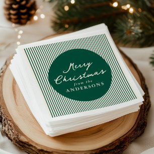 Modern Green Stripes Merry Christmas Napkin