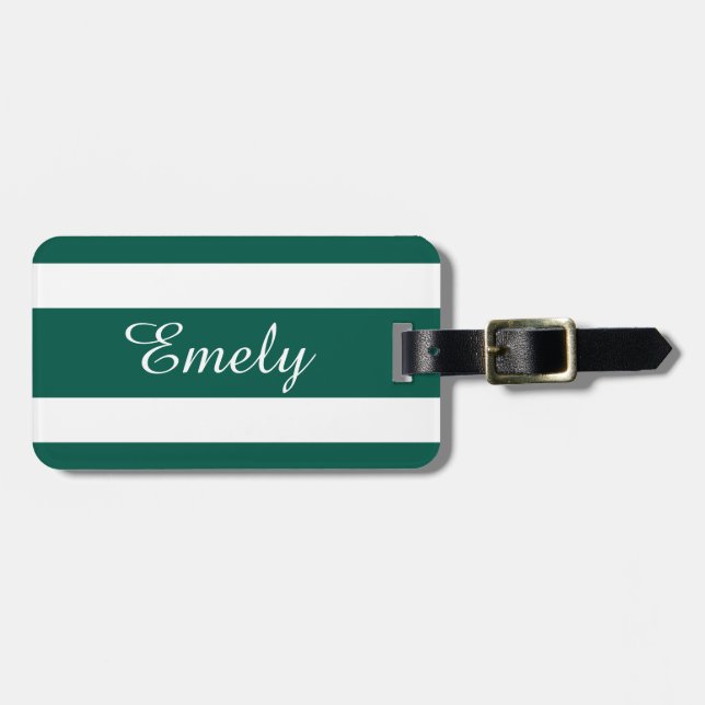Modern Green Stripes Name Luggage Tag (Front Horizontal)