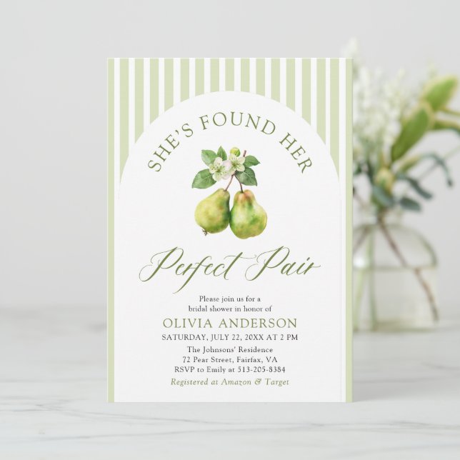 Modern Green Stripes Perfect Pair Bridal Shower Invitation (Standing Front)