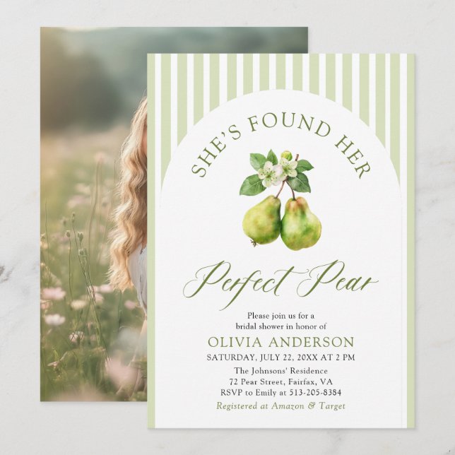 Modern Green Stripes Perfect Pear Bridal Shower Invitation (Front/Back)