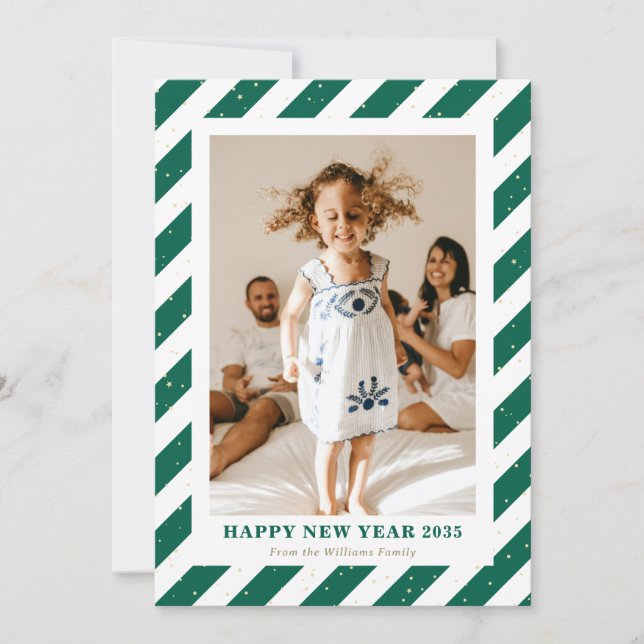 Modern Green Stripes Photo New Year Card (Front)