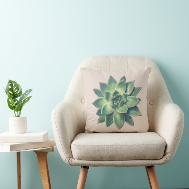 Modern Green Succulent Plant  on Light Beige Cushion (Chair)