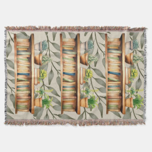 Modern Green Succulents Plant Shelf Reading Books Throw Blanket
