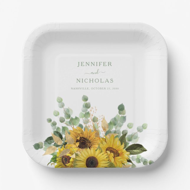 Modern Green Sunflower Wedding   Paper Plate (Front)