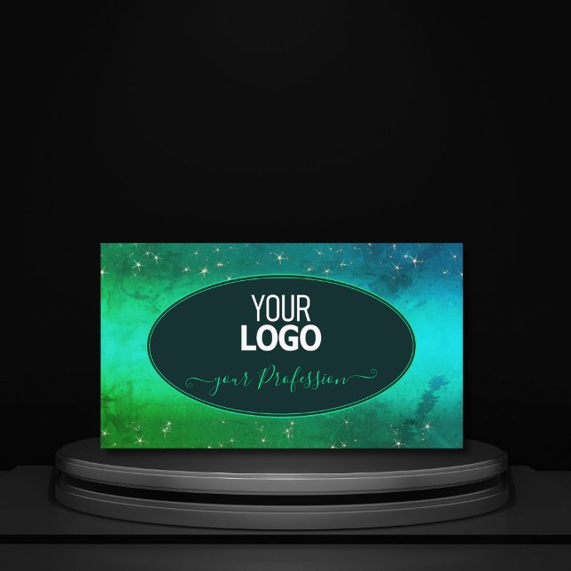 Modern Green Teal Sparkling Glitter Stars Add Logo Business Card (Creator Uploaded)