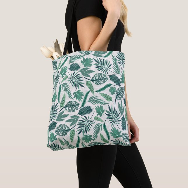 Modern Green Teal Tropical Leaves Design Tote Bag (Close Up)