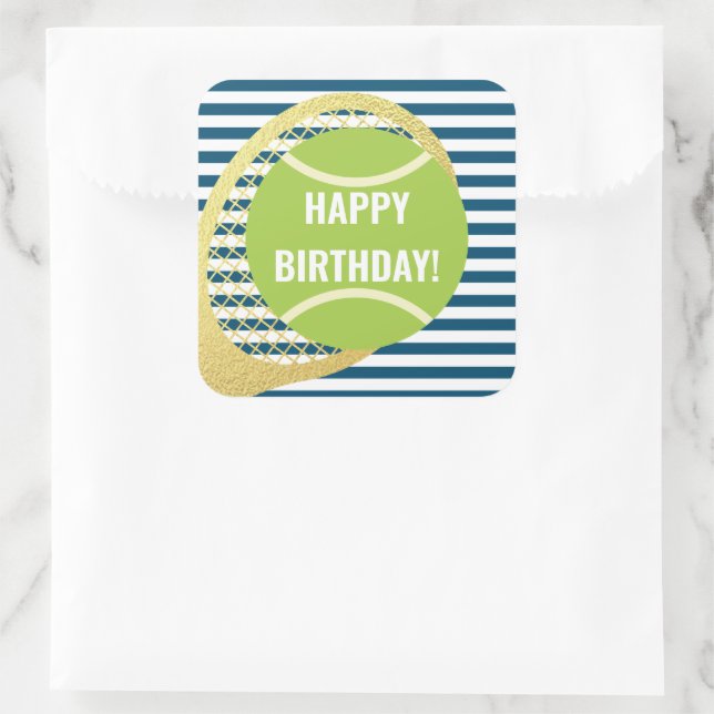 Modern Green Tennis Ball Navy Blue Birthday Square Sticker (Bag)