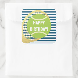 Modern Green Tennis Ball Navy Blue Birthday Square Sticker