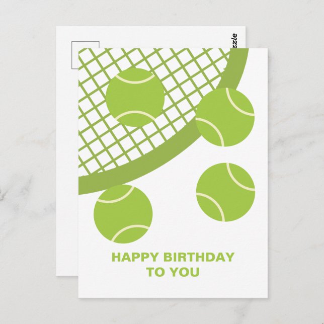 Modern Green Tennis Ball Racket Happy Birthday Postcard (Front/Back)