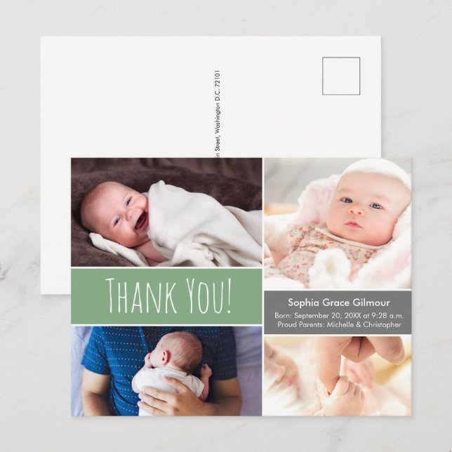 Modern Green Thank you Baby Girl photo Collage Announcement Postcard (Front/Back)