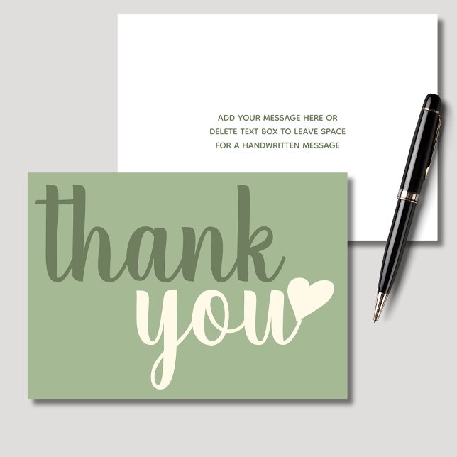 Modern Green Thank you Typography Card (Sage green personalized thank you notecard)