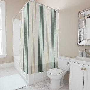 Modern Green Ticking Stripe Linen Texture Shower Curtain