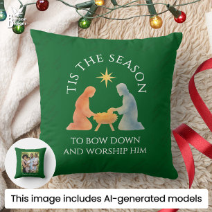 Modern Green TIS THE SEASON Family Photo Christmas Cushion
