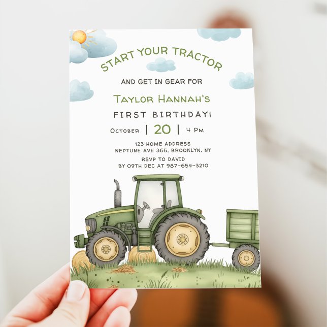 Modern Green Tractor 1st Birthday Party Invitation (Creator Uploaded)