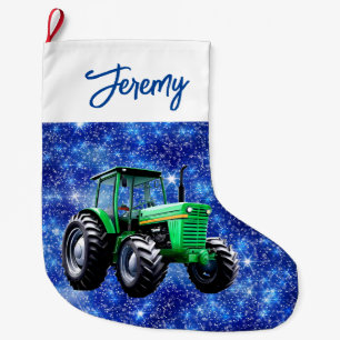 Modern Green Tractor Blue Large Christmas Stocking