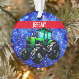 Modern Green Tractor on Blue Ornament