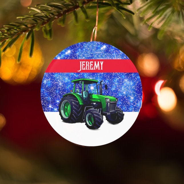 Modern Green Tractor on Blue Ornament (Creator Uploaded)